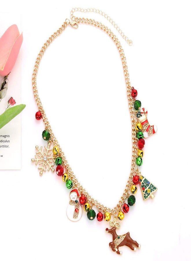 CEALXHENY Christmas Bell Necklaces X-Mas Tree Snowman Snowflake Pendant Necklaces Statement Chunky Chain Necklace for Women Holiday Christmas Gift (Gold) - Image 2