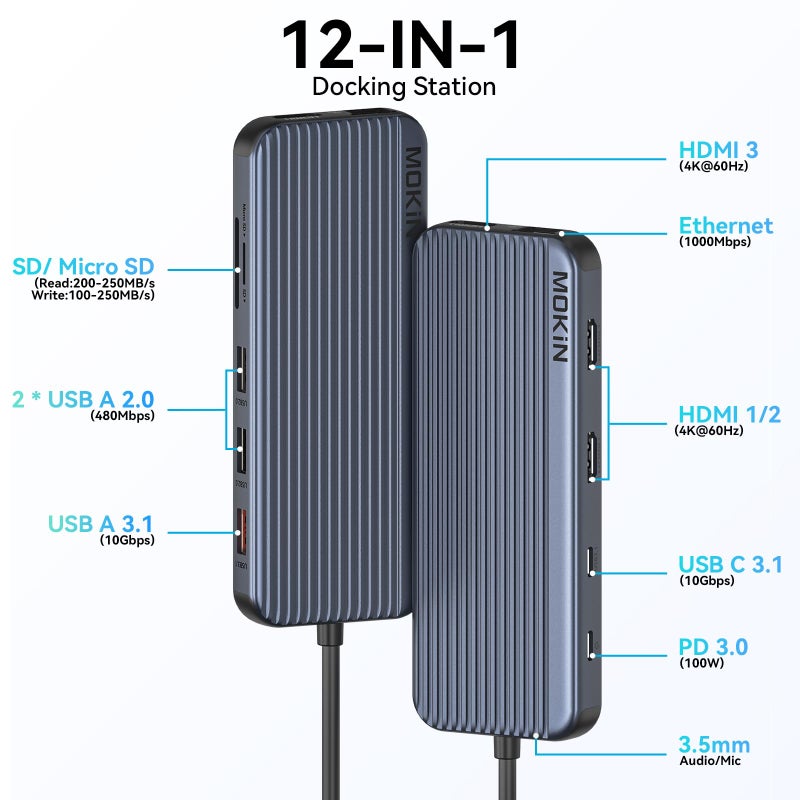 Mokin USB C Docking Station 3 HDMI, 12 in 1 Docking Station Triple Display, Dual Monitor Dock, Laptop USB-C Hub 3 HDMI with 10 Gbps, Ethernet, USB A/C 3.1, USB 2.0, 100W PD, Audio & Mic, SD - Image 2