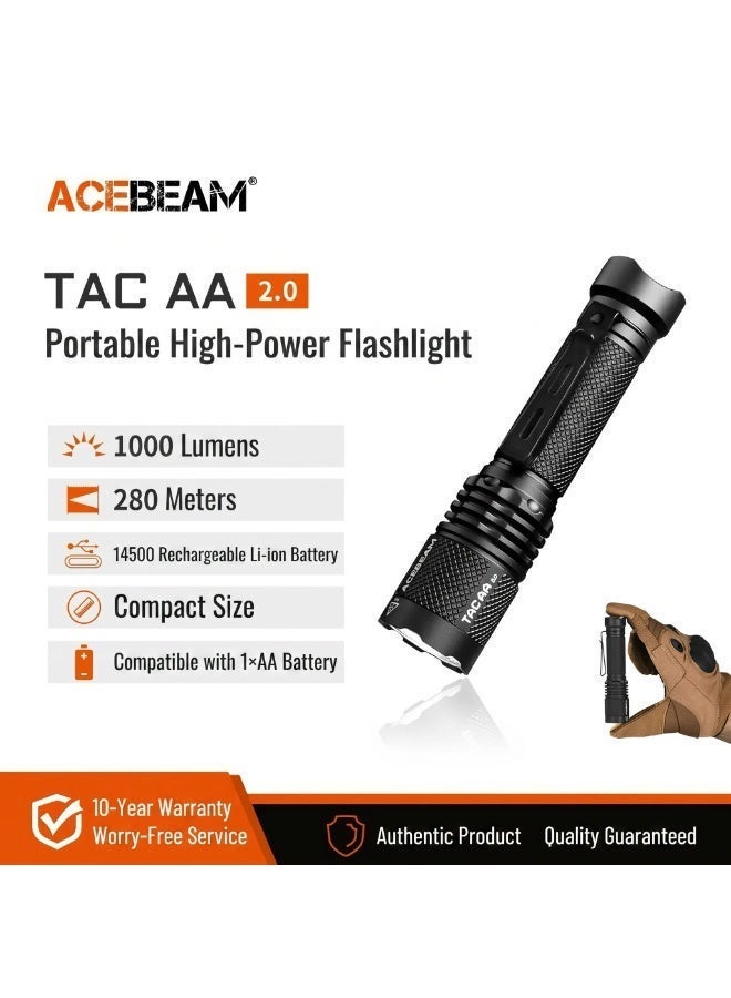 ACEBEAM مصباح يدوي تكتيكي Acebeam TAC AA 2.0، بقوة 1000 لومن، ومدى يصل إلى 280 متراً، قابل لإعادة الشحن بنوعين من الوقود، مناسب للاستخدام اليومي (التخييم، الطوارئ، الحمل اليومي) - Image 1