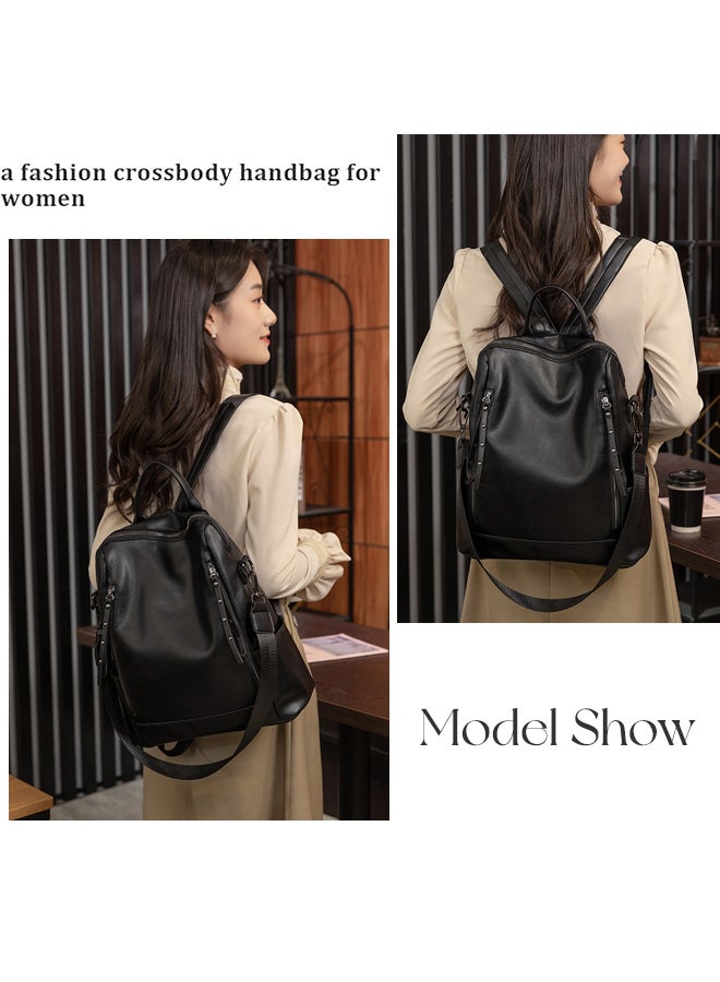 SHABILI Women PU Large Capacity Multi Pocket Stitching Backpack College School Tourist Bag, Ladies Anti Theft Daypack with Detachable Strap and Top Handle for Teenager Youth Daily Casual Travel Commute(Black) - Image 2