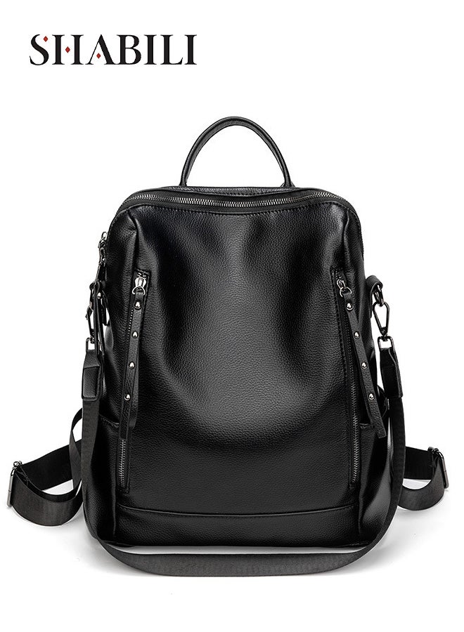 SHABILI Women PU Large Capacity Multi Pocket Stitching Backpack College School Tourist Bag, Ladies Anti Theft Daypack with Detachable Strap and Top Handle for Teenager Youth Daily Casual Travel Commute(Black) - Image 1