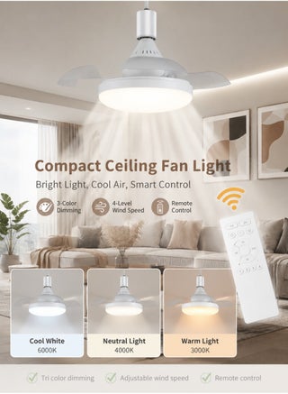 25W Small Ceiling Fan with Light & Remote | 4-Speed Quiet Fan Lamp Fixture | E27 Easy Install | Adjustable Brightness & 3-Color Ceiling Light Fan for Bedroom, Living Room, Kitchen - view 2