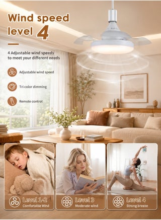 25W Small Ceiling Fan with Light & Remote | 4-Speed Quiet Fan Lamp Fixture | E27 Easy Install | Adjustable Brightness & 3-Color Ceiling Light Fan for Bedroom, Living Room, Kitchen - view 3