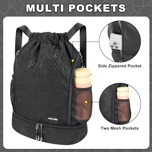 HOLYLUCK Drawstring Backpack with Shoe Compartment, Gym Bag Backpack for Men Women, Cinch Swim Beach Bag String Sports Bag for Soccer and Basketball, Black - Image 5