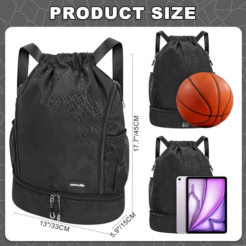 HOLYLUCK Drawstring Backpack with Shoe Compartment, Gym Bag Backpack for Men Women, Cinch Swim Beach Bag String Sports Bag for Soccer and Basketball, Black - Image 4