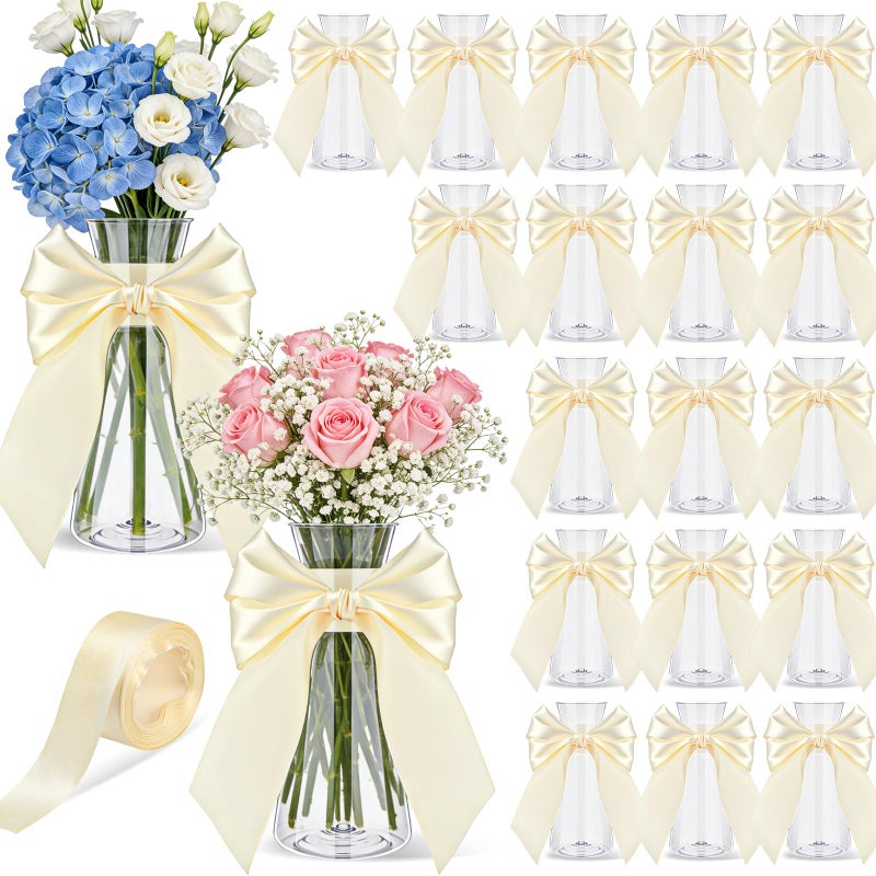 Teecyhooo 20 Pcs Small Plastic Bud Vases Bulk with Ribbon for Centerpieces, Clear Flower Vases for Wedding Home, Height Shatterproof Vase for Wedding Home Office Birthday Party Table Decoration - Image 1