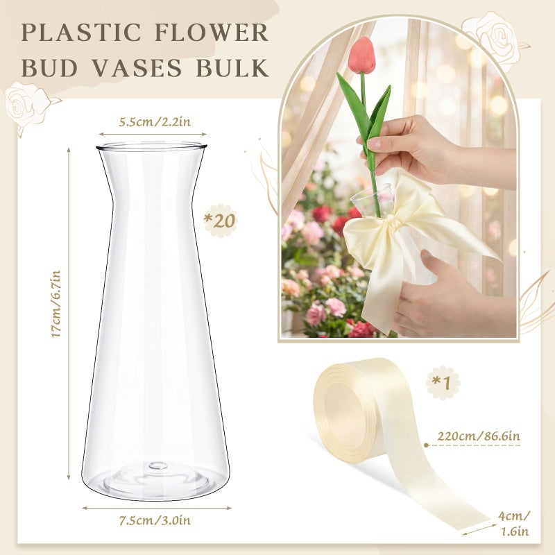 Teecyhooo 20 Pcs Small Plastic Bud Vases Bulk with Ribbon for Centerpieces, Clear Flower Vases for Wedding Home, Height Shatterproof Vase for Wedding Home Office Birthday Party Table Decoration - Image 2