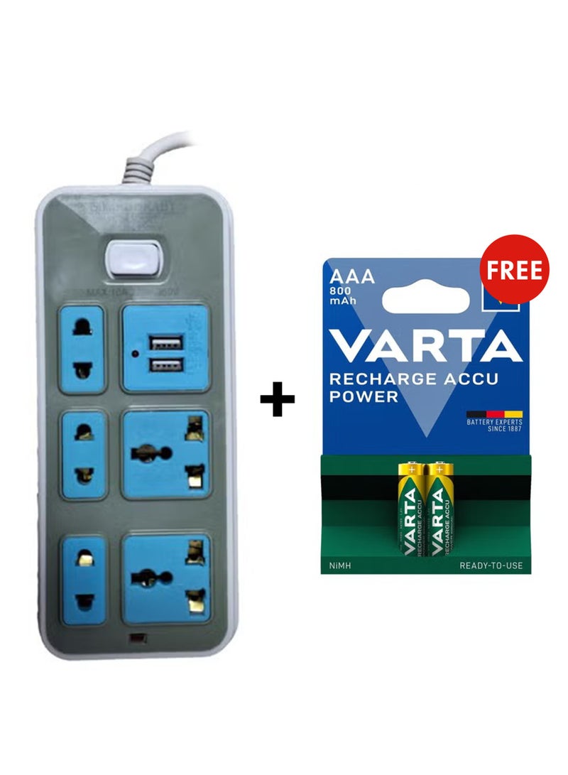 Electric Power strip - 2500 watt, Auto max 10 A / 220-250V , with 7 Outlet , 2M cable , 2 Port USB and  for Laptop, PC, MacBook , Home and Office Electrical appliances and Mobile charger & Battery Recharge Accu power AAA Micro Ni-Mh Rechargeable Battery (1 pack of 2 batteries, 800 mAh)Bundle - Image 1