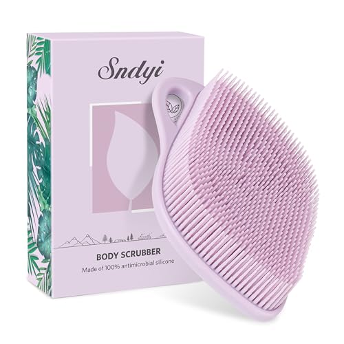 Sndyi Silicone Body Scrubber, Gentle Exfoliating Body Scrubber for Sensitive Skin, Leaf Shaped Shower Scrubber for Body with Lathering Bristles, Silicone Loofah Body Brush for Showering, Purple - Image 1