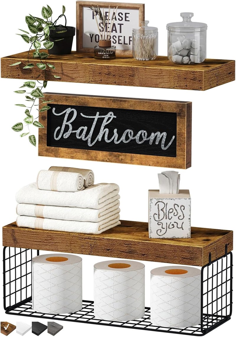 QEEIG ‎Bathroom Shelves Over Toilet - Paper Storage Wall Mounted Farmhouse Decor Decorations Aesthetic Décor Sign Small Floating Shelf 2+1 Set 16 inch, Rustic Brown (020BN) - Image 1