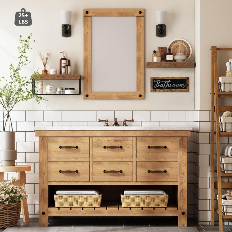 QEEIG ‎Bathroom Shelves Over Toilet - Paper Storage Wall Mounted Farmhouse Decor Decorations Aesthetic Décor Sign Small Floating Shelf 2+1 Set 16 inch, Rustic Brown (020BN) - Image 4