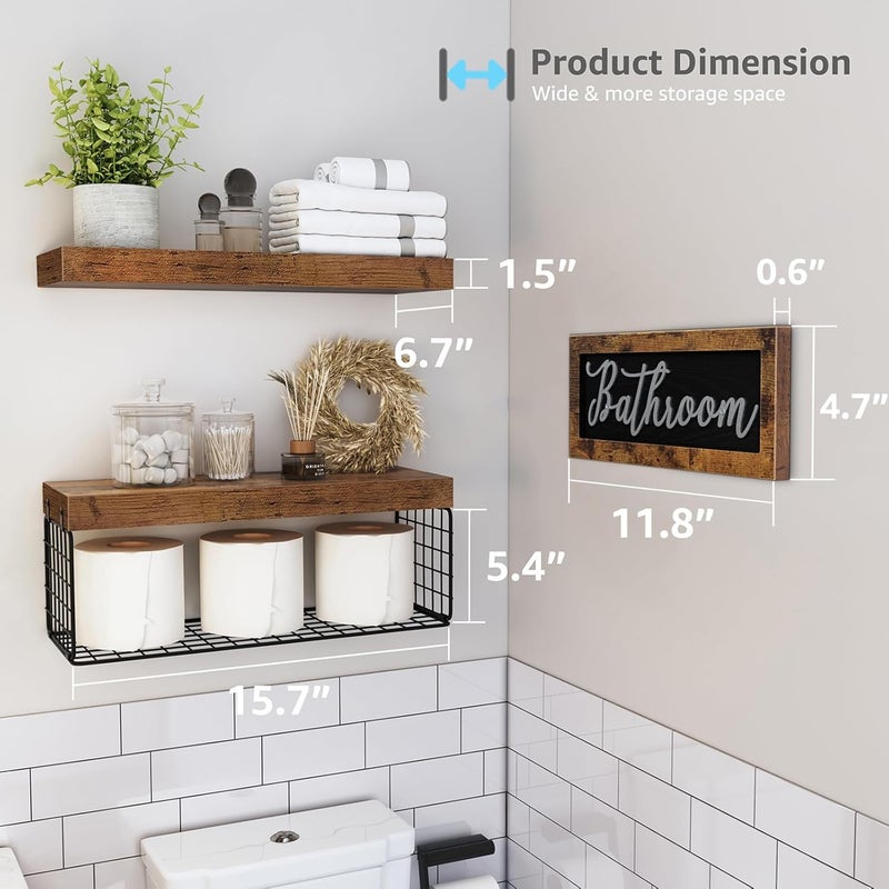 QEEIG ‎Bathroom Shelves Over Toilet - Paper Storage Wall Mounted Farmhouse Decor Decorations Aesthetic Décor Sign Small Floating Shelf 2+1 Set 16 inch, Rustic Brown (020BN) - Image 3