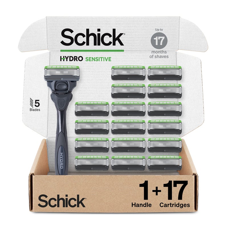 Schick Hydro Sensitive Razors for Men | 5-Blade Mens Razors for Shaving, 1 Mens Razor Handle with 17 Razor Blades Refills - Image 1