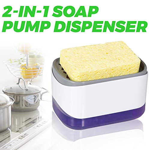 HI FINE CARE Soap Dispenser for Kitchen, Sponge Holder, Countertop Soap Dispensing Pump, 2-in-1 Soap Dispenser-One Hand Soap Pump Dispenser（White） - Image 2