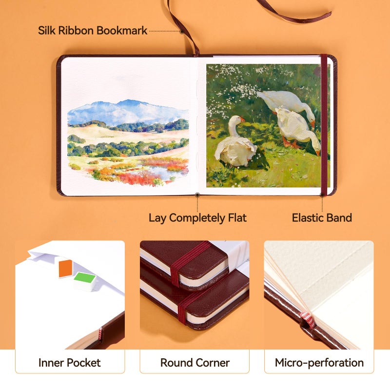 Paul Rubens Square Watercolor Journal,2 Pack 40 Sheets 100% Cotton Acid-Free Cold Press Watercolor Sketchbook 5.91 * 5.91 Inches, 140lb/300gsm for Watercolors, Gouache, Acrylics - Image 4
