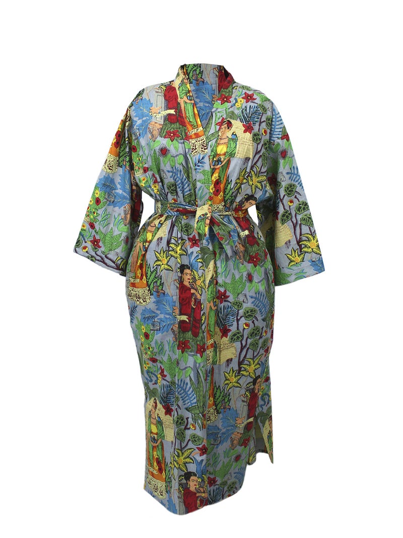CRAFT KALA Women's Kimono Robe Long Robes with Colorful Flower Printed Grey Kimono Nightgown - Image 1