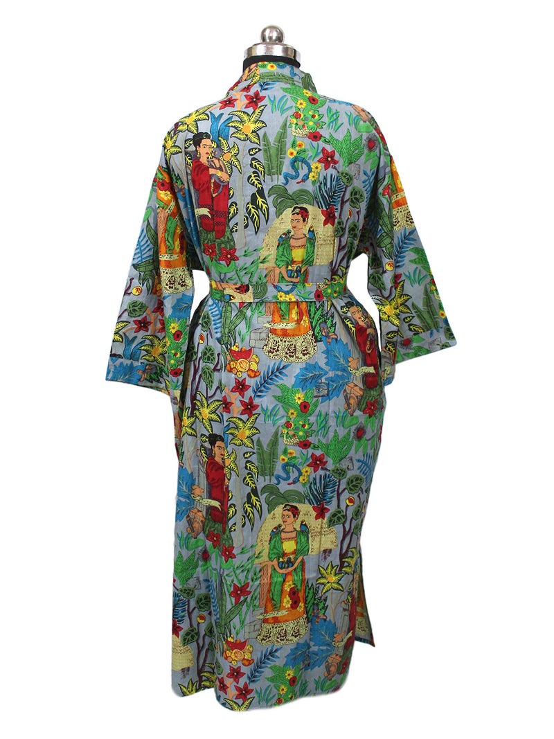 CRAFT KALA Women's Kimono Robe Long Robes with Colorful Flower Printed Grey Kimono Nightgown - Image 3