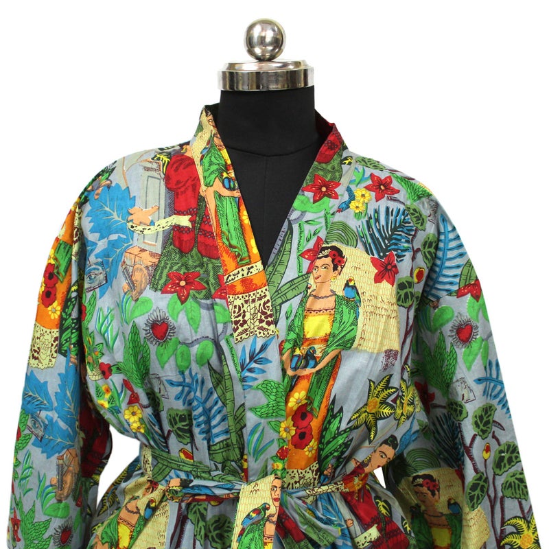 CRAFT KALA Women's Kimono Robe Long Robes with Colorful Flower Printed Grey Kimono Nightgown - Image 2