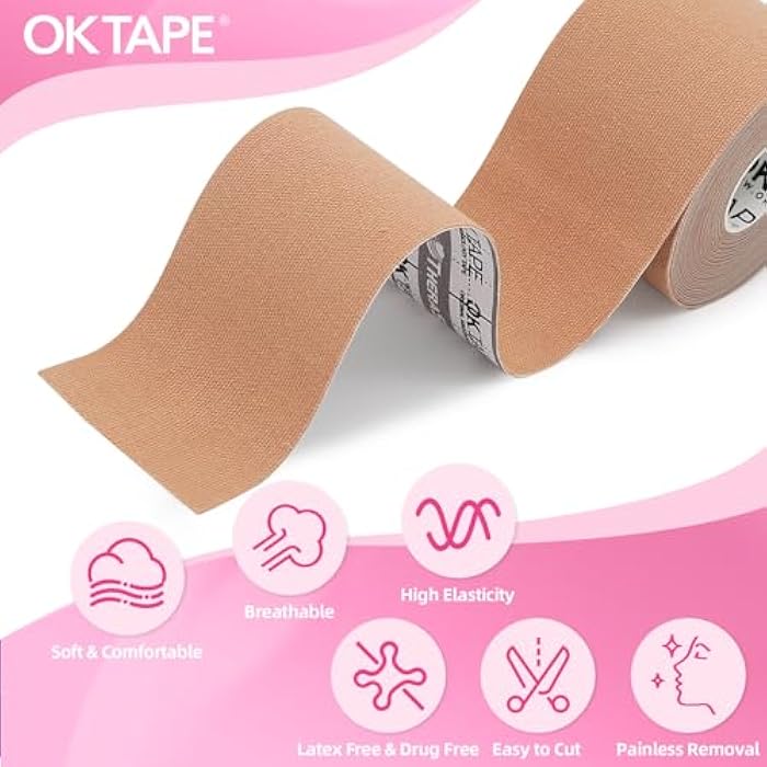 OK TAPE شريط رفع الوجه OK TAPE، شريط رفع العضلات الوجهية لتثبيت وشد البشرة، شريط رفع الوجه والرقبة مضاد للتجاعيد، شريط مضاد للتجمد، 1 لفة 2 بوصة × 16.4 قدم (5 سم × 5 م)، بيج - Image 2
