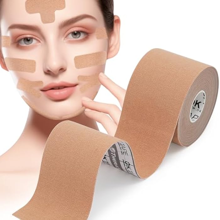 OK TAPE شريط رفع الوجه OK TAPE، شريط رفع العضلات الوجهية لتثبيت وشد البشرة، شريط رفع الوجه والرقبة مضاد للتجاعيد، شريط مضاد للتجمد، 1 لفة 2 بوصة × 16.4 قدم (5 سم × 5 م)، بيج - Image 1
