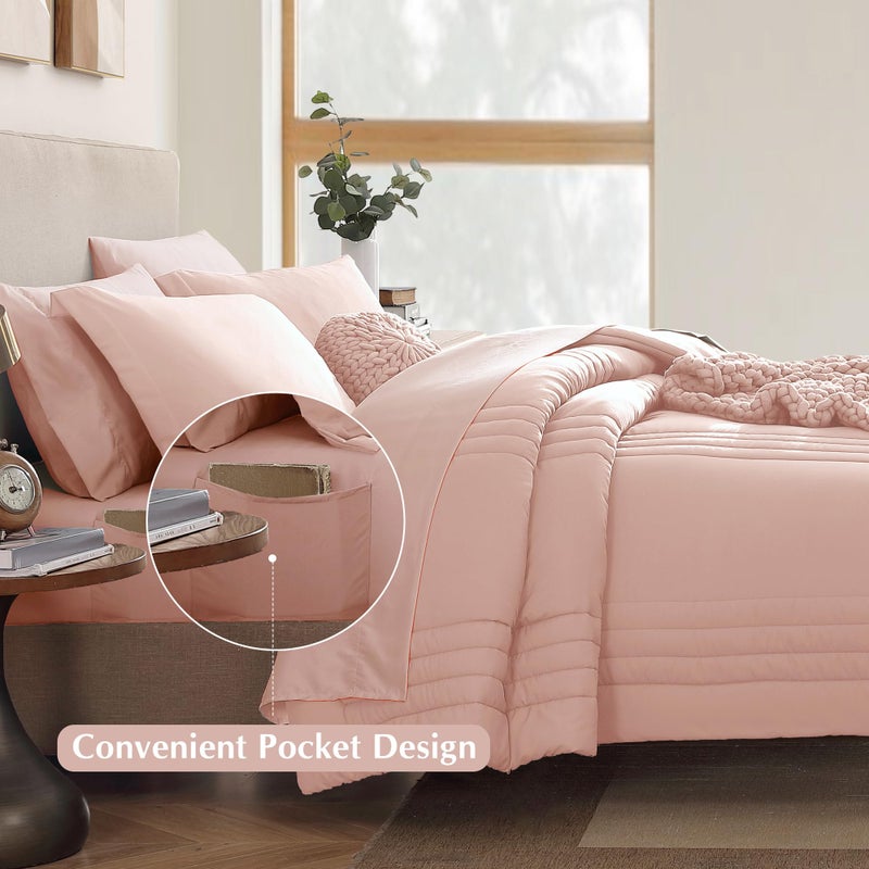 Monbix Queen Comforter Set - 7 Pieces Light Pink Bed in a Bag Queen Bedding Sets with Comforters, All Seasons Comforter Bed Set with Sheets, Pillowcases & Shams - Image 4