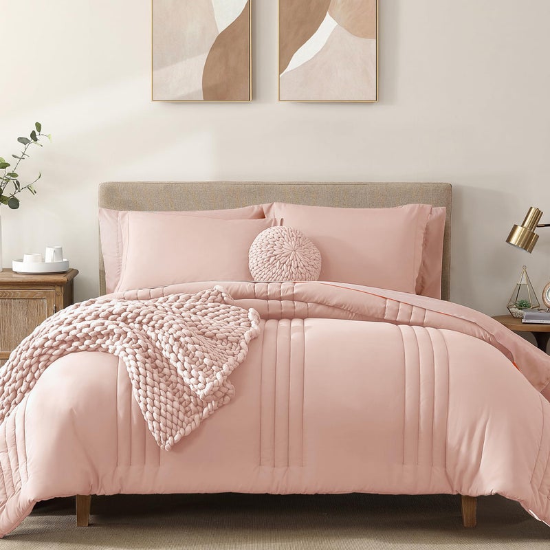 Monbix Queen Comforter Set - 7 Pieces Light Pink Bed in a Bag Queen Bedding Sets with Comforters, All Seasons Comforter Bed Set with Sheets, Pillowcases & Shams - Image 1