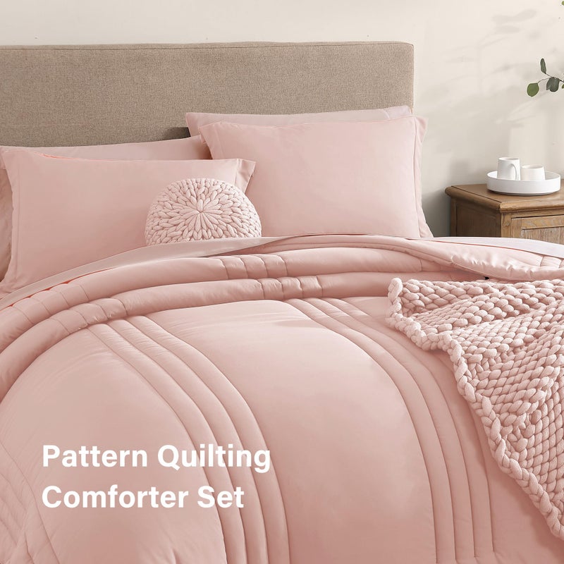 Monbix Queen Comforter Set - 7 Pieces Light Pink Bed in a Bag Queen Bedding Sets with Comforters, All Seasons Comforter Bed Set with Sheets, Pillowcases & Shams - Image 3