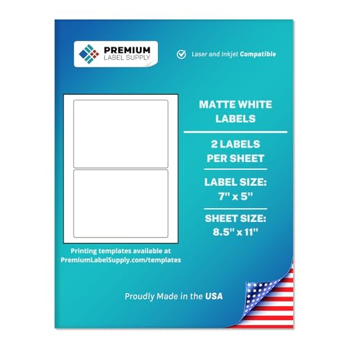 Premium Label Supply White Sticker Shipping Labels – 7" x 5" – Laser/Inkjet Compatible – (2 per Sheet), 25 Sheets – 50 Total Adhesive Labels - Image 1