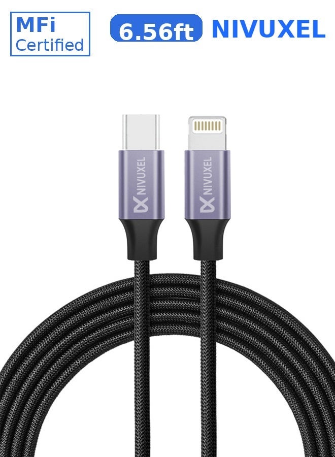 نيفوكسيل كابل USB-C إلى Lightning بطول 2 متر معتمد من MFi - شحن سريع بقدرة 20 واط، مضفر بالنايلون لأجهزة iPhone 14/13/12/11 Pro Max وiPad - Image 1