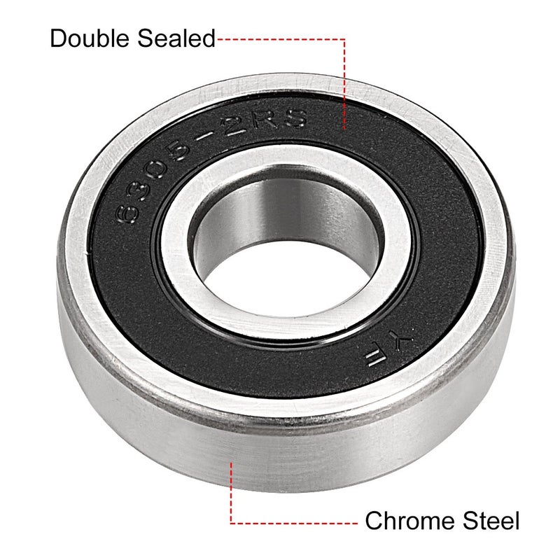 uxcell 6305-2RS Deep Groove Ball Bearing Double Sealed 180305, 25mm x 62mm x 17mm Chrome Steel Bearings (Pack of 1) - Image 2