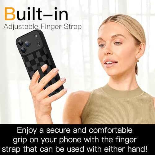 SOKAD Magnetic Checkered Case for iPhone 17 Pro Max with Finger Strap Kickstand, Compatible with Magsafe, Cute Checkerboard Designed for Women Men, Full Camera Protection Cover, Black - Image 3