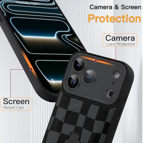 SOKAD Magnetic Checkered Case for iPhone 17 Pro Max with Finger Strap Kickstand, Compatible with Magsafe, Cute Checkerboard Designed for Women Men, Full Camera Protection Cover, Black - Image 4