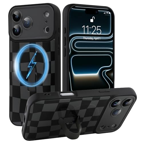 SOKAD Magnetic Checkered Case for iPhone 17 Pro Max with Finger Strap Kickstand, Compatible with Magsafe, Cute Checkerboard Designed for Women Men, Full Camera Protection Cover, Black - Image 1