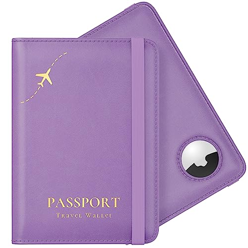 Stouchi AirTag Passport Holder, Anti-Lost Passport Holder with Airtag Slot, Passport Wallet Cover with RFID Blocking, Leather Passport Case Travel Accessories for Women, Purple - Image 1