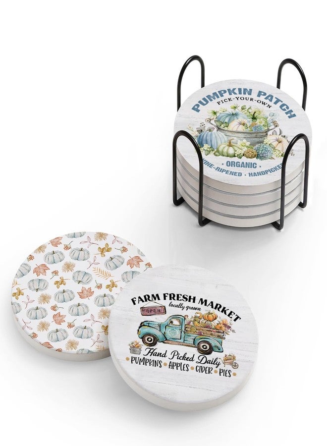 Hoomey Set of 6 Fall Coasters with Holder, Absorbent Ceramic Drink Coasters, Blue Pumpkin Truck Coasters, Fall Decorations - Image 1