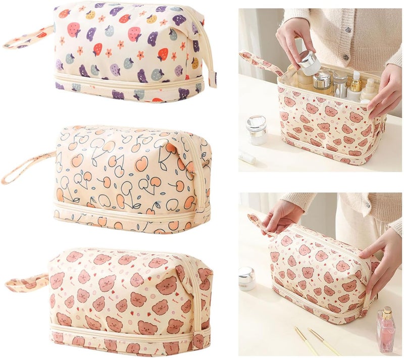 Double Layer Makeup Bag for Women Portable Travel Cosmetic Pouches Storage Organized Toiletry Bags with Bear Designs - Image 2