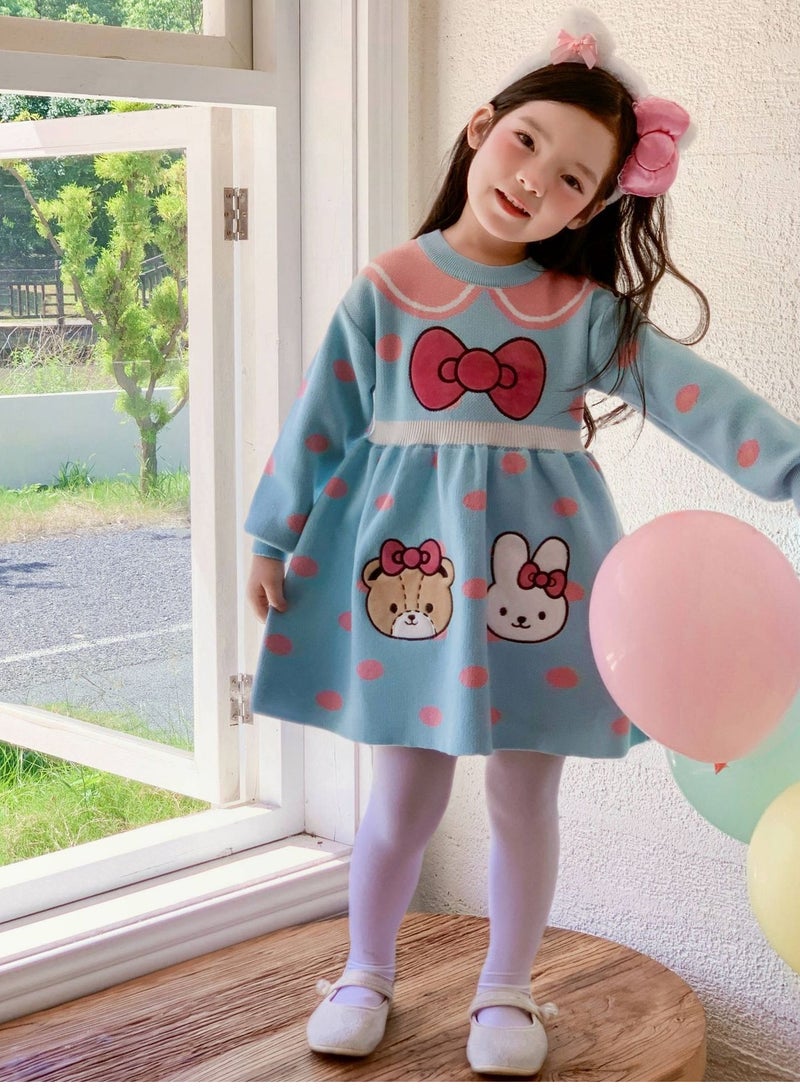 Girl Cartoon Round Neck Long Sleeved Western-Style Knitted Dress Hair Hoop  - Image 1