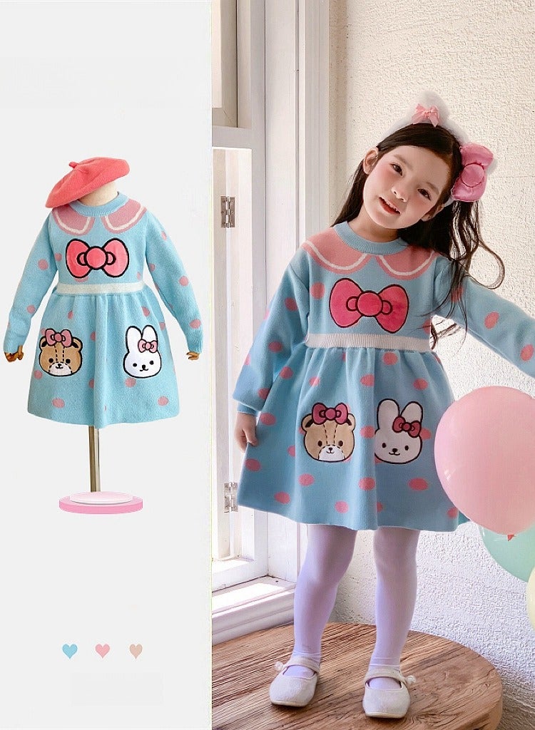 Girl Cartoon Round Neck Long Sleeved Western-Style Knitted Dress Hair Hoop  - Image 2