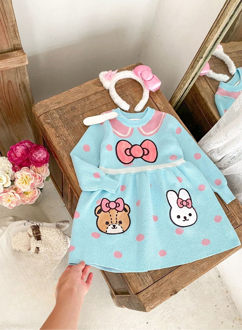 Girl Cartoon Round Neck Long Sleeved Western-Style Knitted Dress Hair Hoop  - Image 5