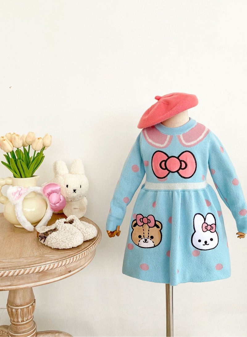 Girl Cartoon Round Neck Long Sleeved Western-Style Knitted Dress Hair Hoop  - Image 4