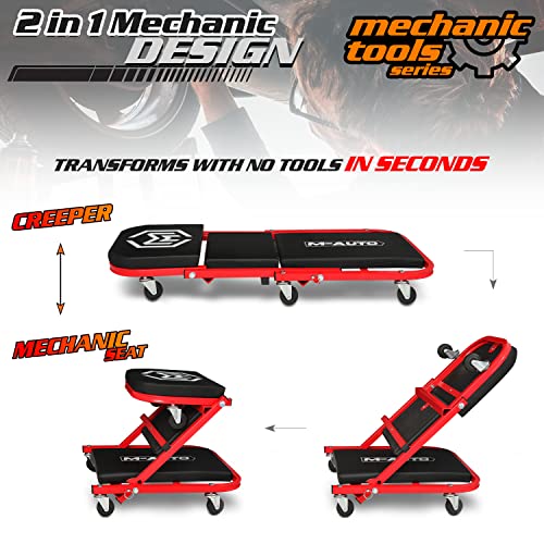 M-AUTO Foldable Z Creeper 2-in-1 Rolling Folding Car Creeper & Seat, 36" Adjustable Roller Garage Chair Lay Down or Sit, 330LBS Capacity Under Car Roller Creeper with 6 Swivel Casters, Red - Image 4