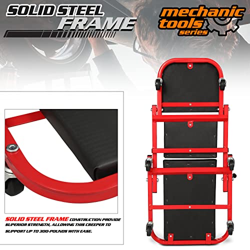 M-AUTO Foldable Z Creeper 2-in-1 Rolling Folding Car Creeper & Seat, 36" Adjustable Roller Garage Chair Lay Down or Sit, 330LBS Capacity Under Car Roller Creeper with 6 Swivel Casters, Red - Image 5