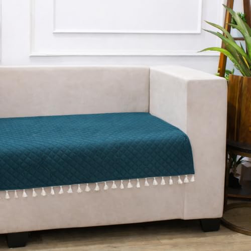 STITCHNEST 3 Seater Quilted Velvet Sofa Cover with Tassels | Elegant Castleton Green Sofa Protector for Living Room | Soft, Washable | Perfect for Enhancing Living Room Interiors | Pack of 5 - Image 3