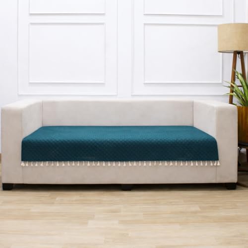 STITCHNEST 3 Seater Quilted Velvet Sofa Cover with Tassels | Elegant Castleton Green Sofa Protector for Living Room | Soft, Washable | Perfect for Enhancing Living Room Interiors | Pack of 5 - Image 2