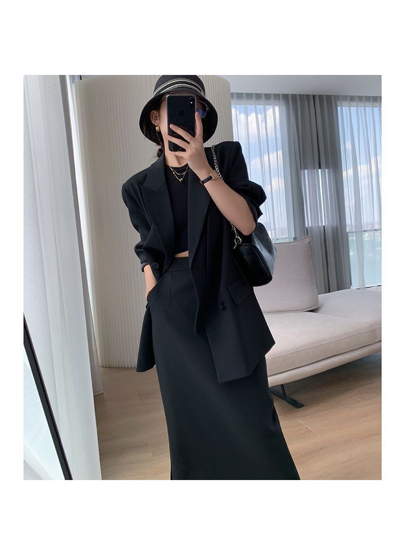 Generic 2023 Korean Style Chic Blazer Skirt Set for Women Black suit + skirt suit 