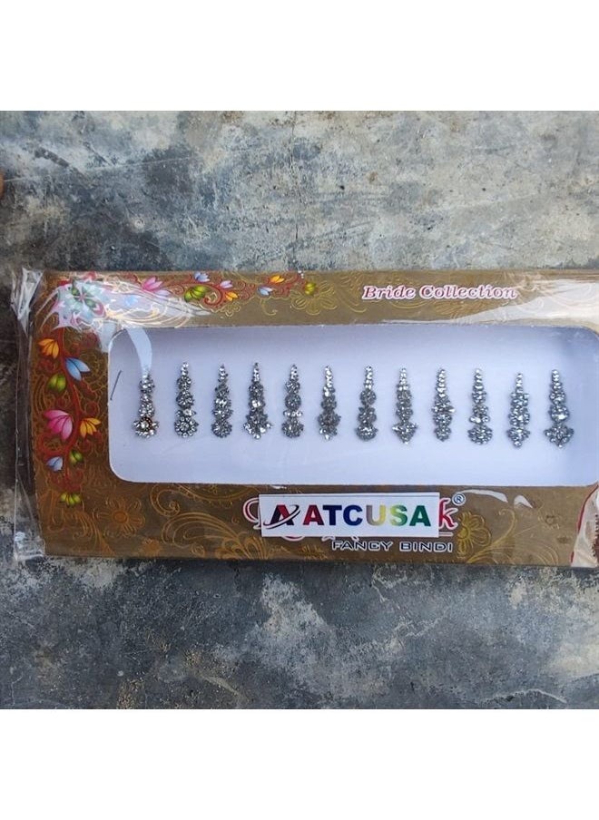 ATCUSA 12 Silver Crystal Bindi Bridal face Jewels Forehead Tika Indian Bindis for women bindi Indian multicolor round long small gold (Long 12 bindi - Silver color) 