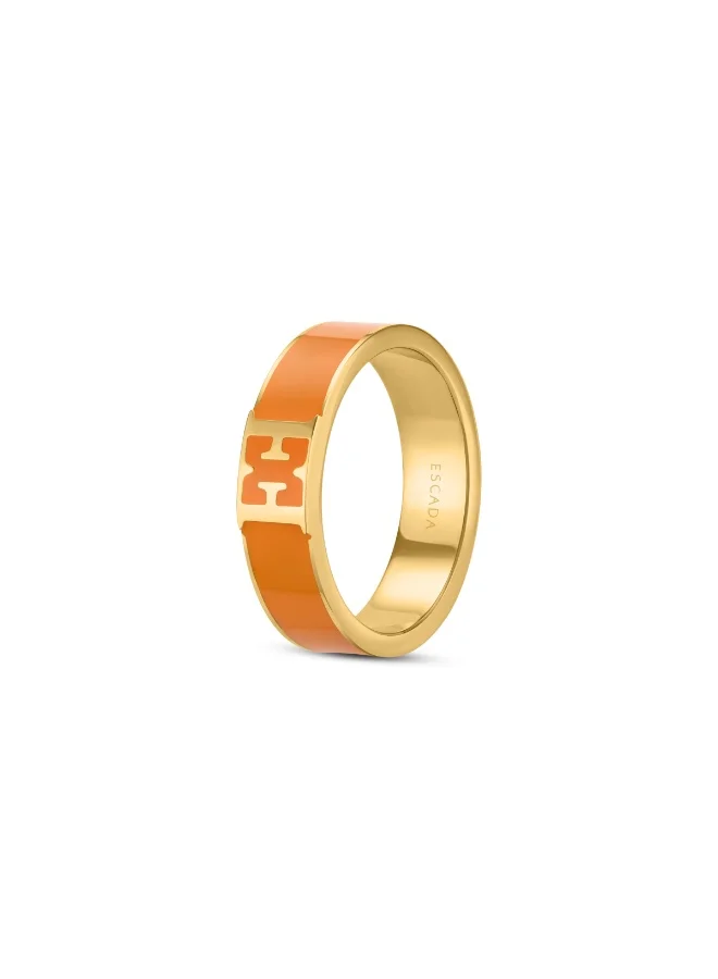 ESCADA Scarlett Gold Plated Ring with Logo Cutout and Orange Enamel Accent