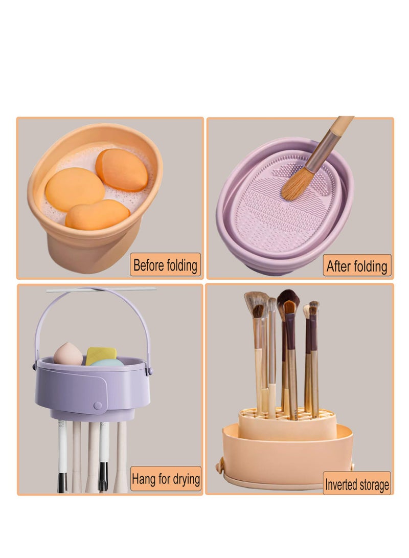 Excefore Makeup Brush Cleaner Mat, 3 in 1 Silicone Makeup Brush Cleaner Bowl with Brush Drying Holder, Cosmetic Brushes Cleaning Tool Organizer for Cleaning, Organizer And Upside Down Drying, Khaki - Image 2