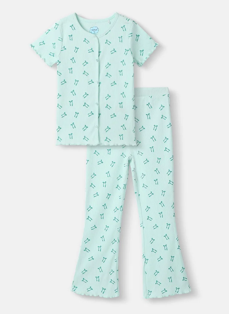 Nautinati Girls' Blue Derby Rib Set With All-over Print | Cotton | Age 2–10 Years