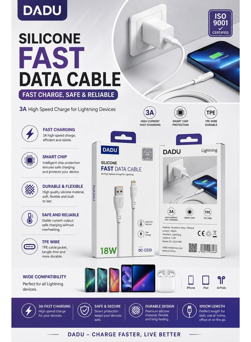 دادو كابل شحن سريع USB إلى Lightning (تيار 3 أمبير، قدرة 18 واط) يدعم الشحن ونقل البيانات بسرعة عالية؛ يتميز بسلك سيليكون متين وموصلات من سبائك الألومنيوم، وهو متوافق مع هواتف iPhone وأجهزة iPad وAirPods وبنوك الطاقة (Power Banks) وغيرها من أجهزة Apple (الطول: 1 متر). - Image 4
